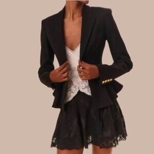 LoveShackFancy Pantonia Black Wool Blend Peplum Blazer Jacket Size 10 NWT $645